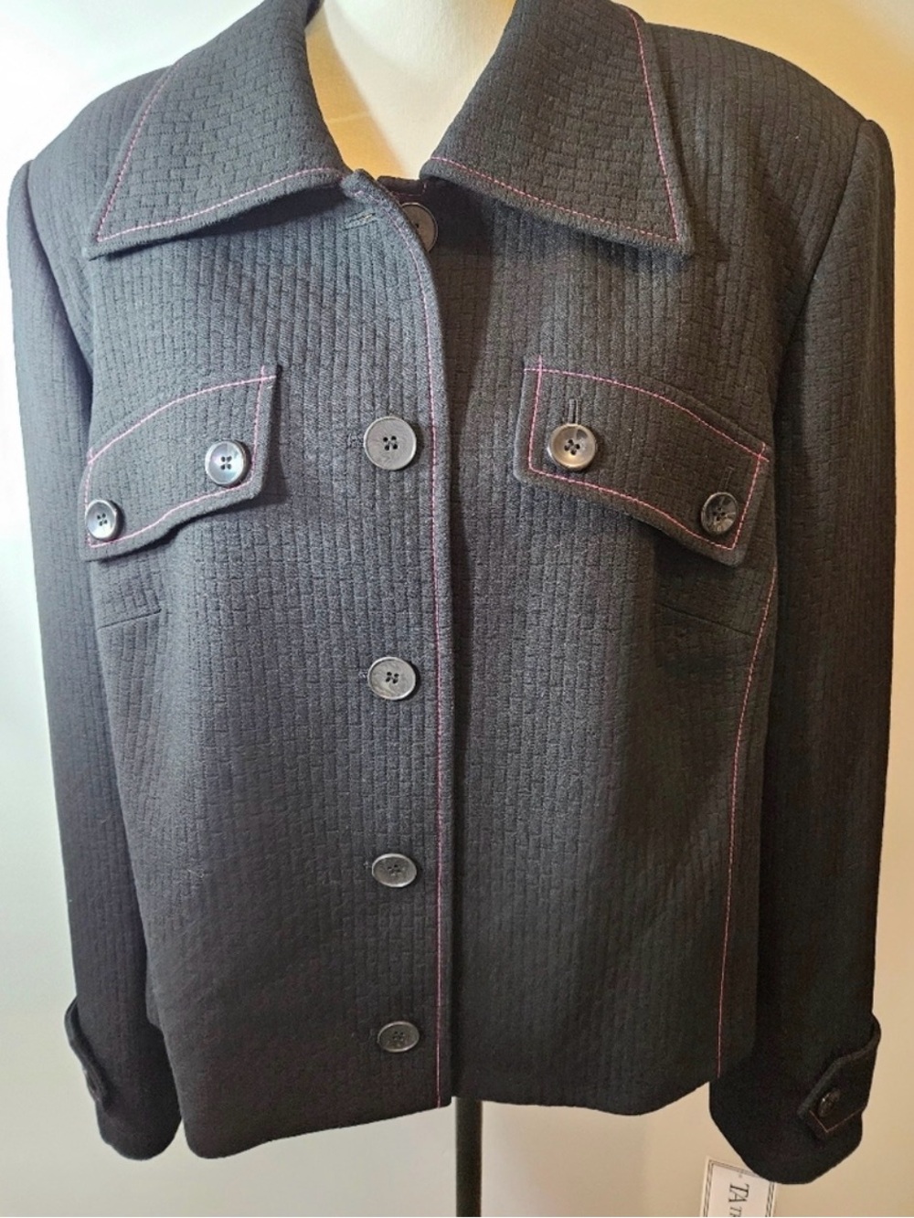 Travis Ayers Black Textured Blazer Pink Stitching Size 18